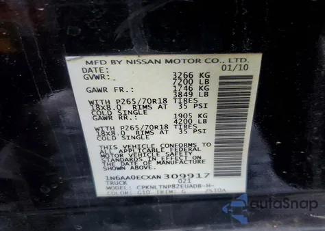 2010 Nissan Titan Xe z USA, uszkodzony, nr VIN 1N6AA0ECXAN309917